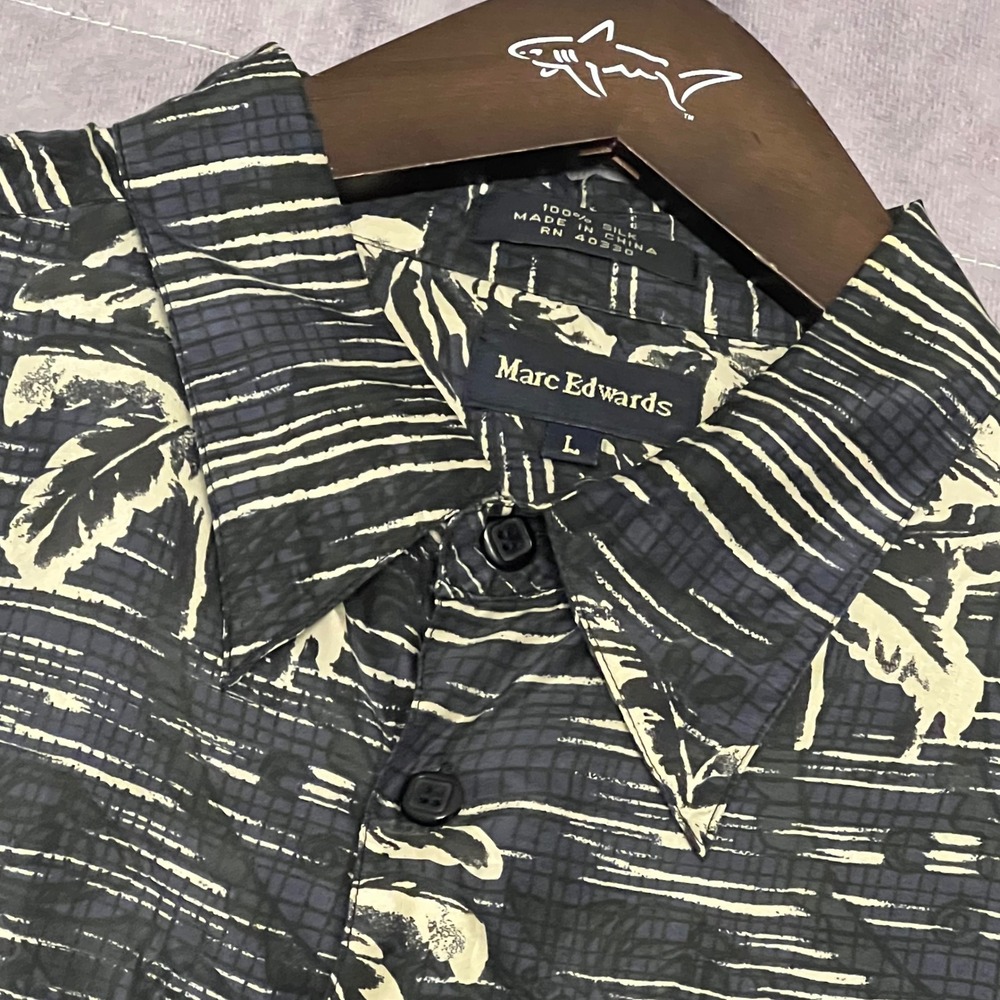 Marc Edwards Silk Button Up Shirt Mens Large Black Cream‎ Palm Tree Excellent